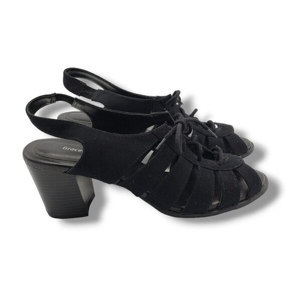 Graceland‎ Cage Slingback Sandals Womens US 8.5 EUR 39 Black Suede Peep Toe - Picture 1 of 9